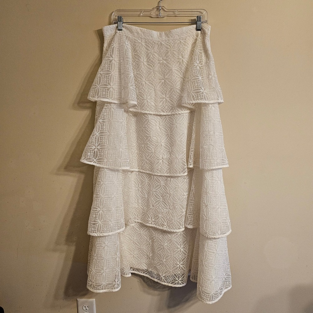 Pankaj & Nidhi Tiered Maxi Skirt Women Large White Geometric Lace Embroidered